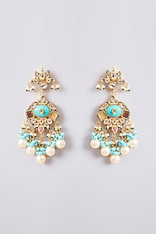 Gold Finish Kundan Polki & Turquoise Beaded Dangler Earrings