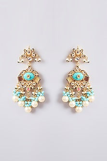 Gold Finish Kundan Polki & Turquoise Beaded Dangler Earrings