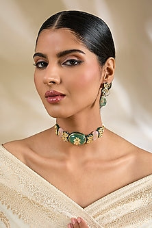 Gold Finish Green Kundan Polki & Beaded Choker Necklace Set