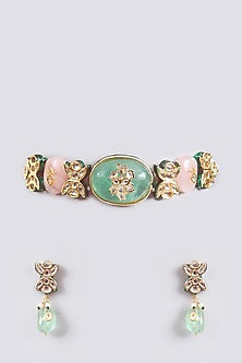 Gold Finish Green Kundan Polki & Beaded Choker Necklace Set