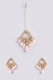 Gold Finish Kundan Polki & Pink Beaded Chandbali Earrings With Maang Tikka