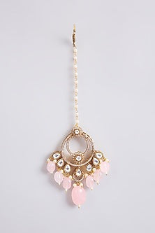 Gold Finish Kundan Polki & Pink Beaded Chandbali Earrings With Maang Tikka