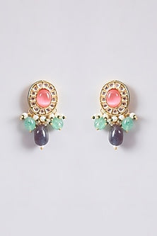 Gold Finish Pink Kundan Polki & Beaded Stud Earrings