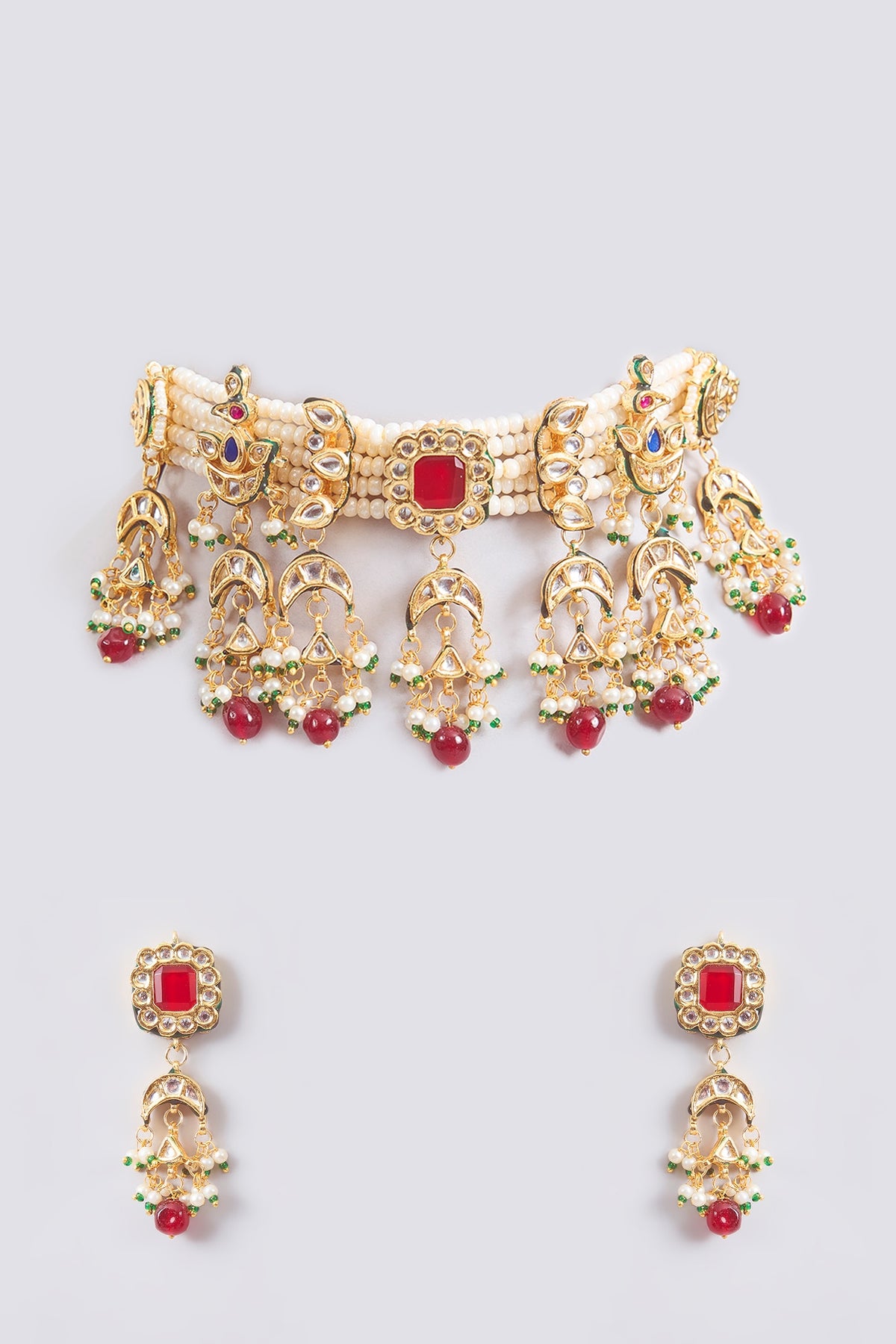Gold Finish Red Kundan Polki & Beaded Choker Necklace Set