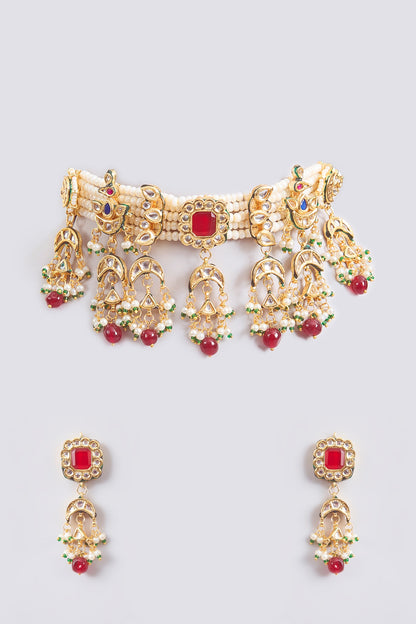 Gold Finish Red Kundan Polki & Beaded Choker Necklace Set