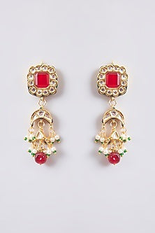 Gold Finish Red Kundan Polki & Beaded Choker Necklace Set