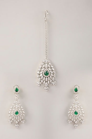 White Finish Green Cubic Zirconia Dangler Earrings With Maangtika
