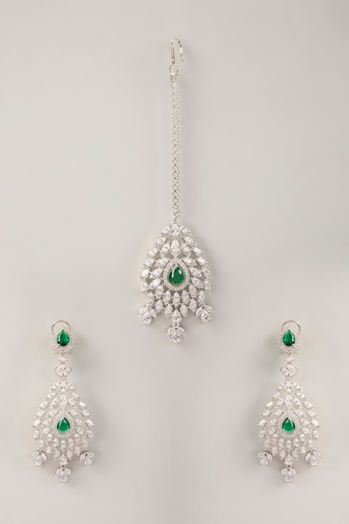 White Finish Green Cubic Zirconia Dangler Earrings With Maangtika