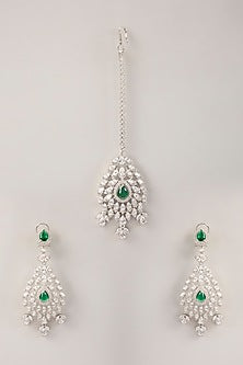 White Finish Green Cubic Zirconia Dangler Earrings With Maangtika