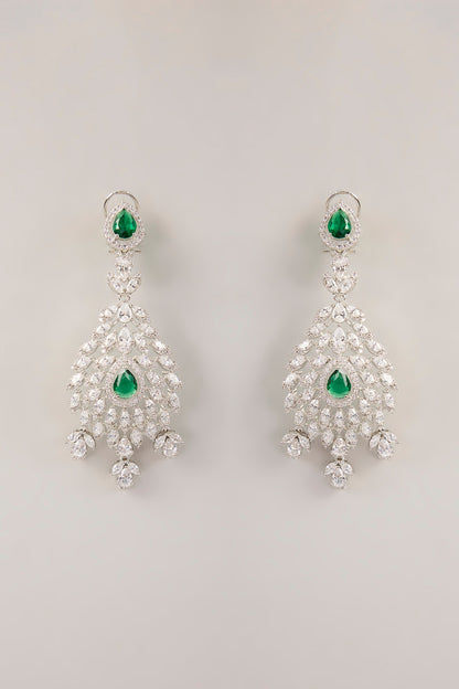 White Finish Green Cubic Zirconia Dangler Earrings With Maangtika
