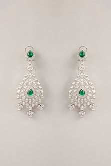 White Finish Green Cubic Zirconia Dangler Earrings With Maangtika