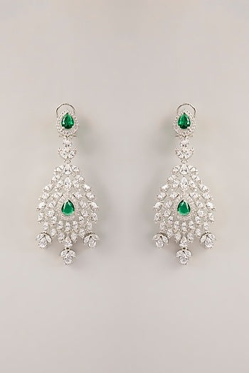 White Finish Green Cubic Zirconia Dangler Earrings With Maangtika