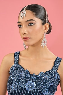 White Finish Red Cubic Zirconia Dangler Earrings With Maangtika
