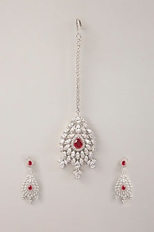 White Finish Red Cubic Zirconia Dangler Earrings With Maangtika