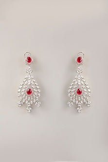 White Finish Red Cubic Zirconia Dangler Earrings With Maangtika