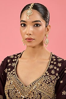 Gold Finish Kundan Polki Dangler Earrings With Maangtikka