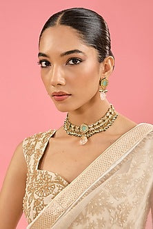 Gold Finish Green Kundan Polki Choker Necklace Set