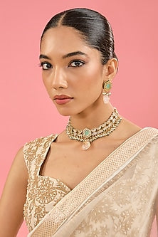 Gold Finish Green Kundan Polki Choker Necklace Set