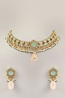 Gold Finish Green Kundan Polki Choker Necklace Set