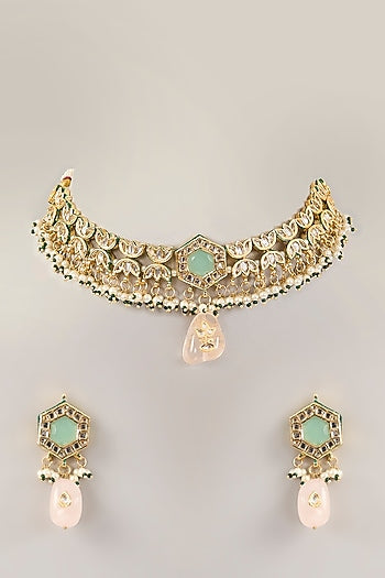 Gold Finish Green Kundan Polki Choker Necklace Set