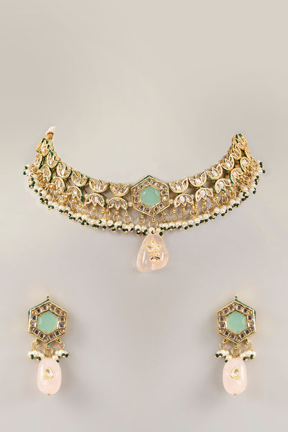 Gold Finish Green Kundan Polki Choker Necklace Set