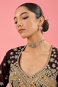 Gold Finish Pink Kundan Polki Choker Necklace Set