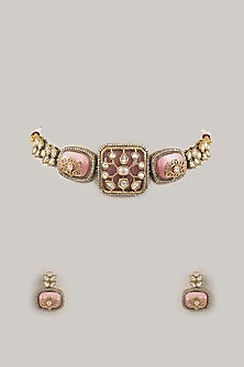 Gold Finish Pink Kundan Polki Choker Necklace Set