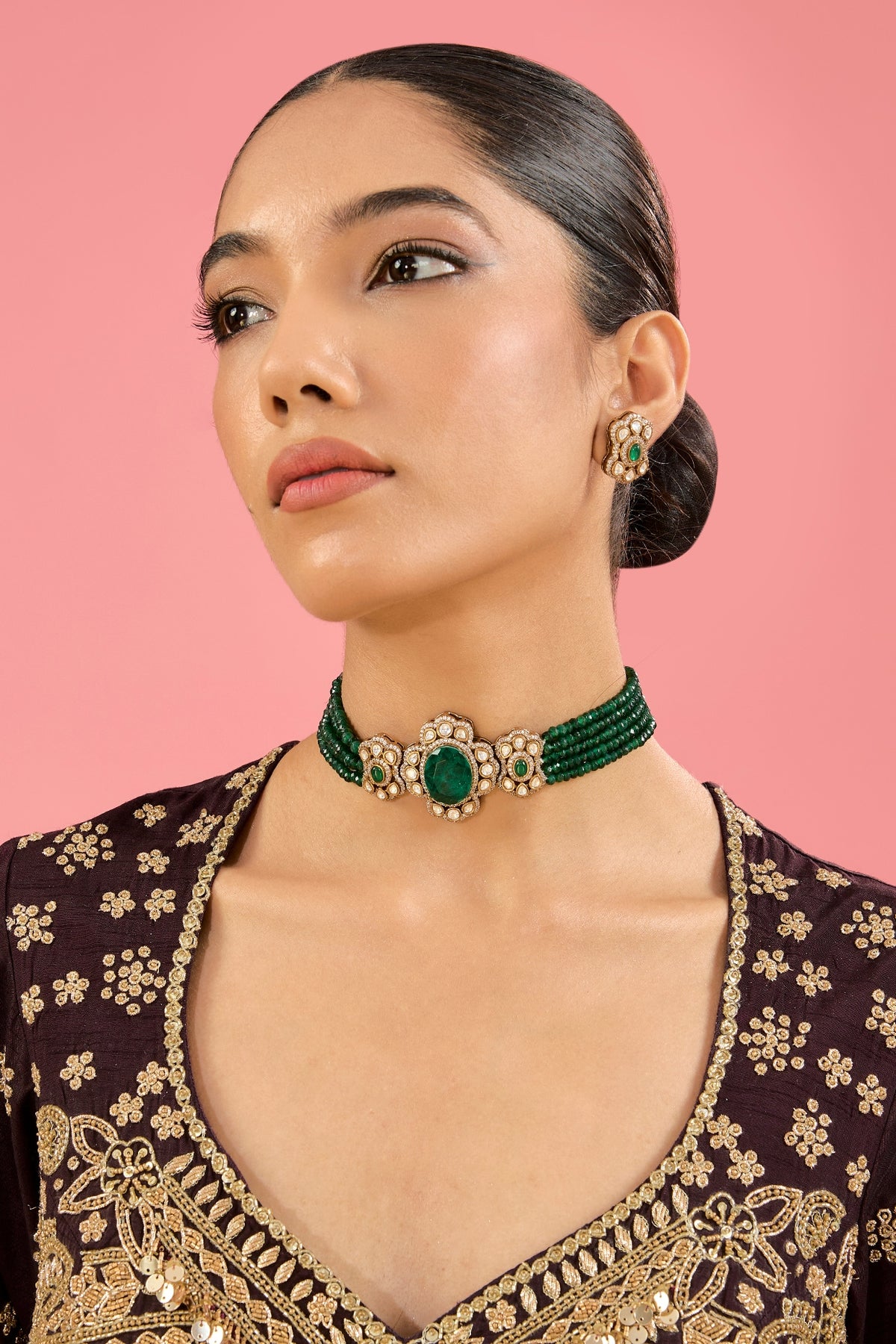 Gold Finish Green Kundan Polki Choker Necklace Set