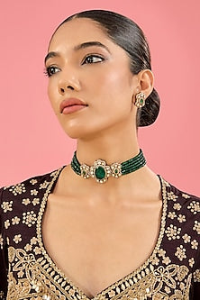 Gold Finish Green Kundan Polki Choker Necklace Set