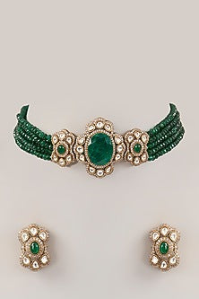 Gold Finish Green Kundan Polki Choker Necklace Set