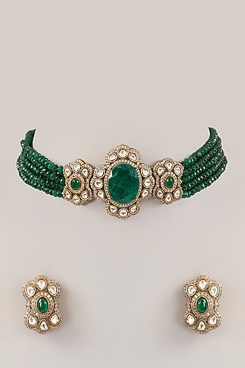 Gold Finish Green Kundan Polki Choker Necklace Set