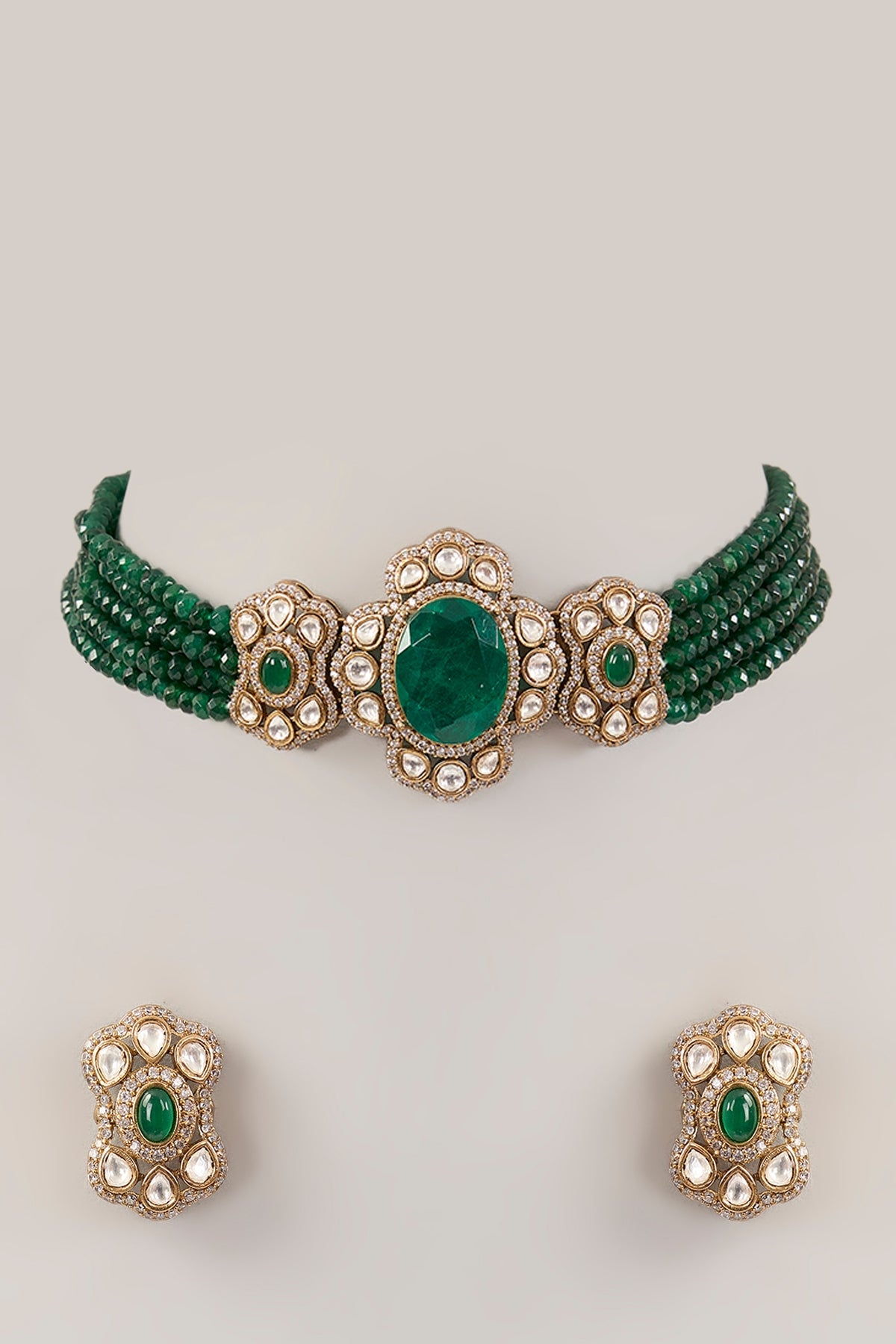 Gold Finish Green Kundan Polki Choker Necklace Set