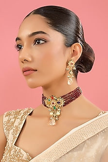 Gold Plated Red Kundan Polki Choker Necklace Set