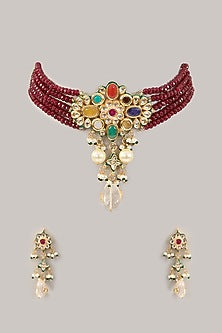 Gold Plated Red Kundan Polki Choker Necklace Set