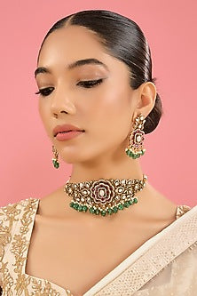 Gold Finish Kundan Polki & Fluorite Choker Necklace Set