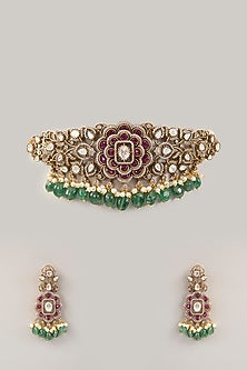 Gold Finish Kundan Polki & Fluorite Choker Necklace Set