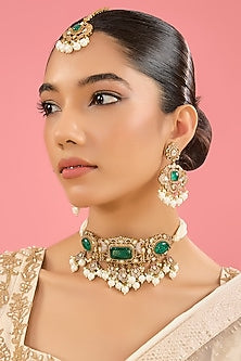 Victorian Gold Finish Kundan Polki & Pearl Choker Necklace Set