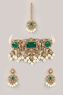 Victorian Gold Finish Kundan Polki & Pearl Choker Necklace Set