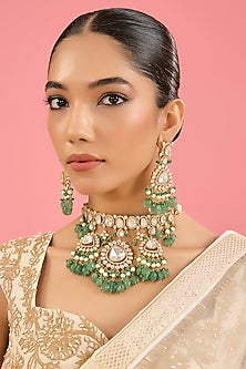 Gold Finish Kundan Polki & Emerald Beaded Choker Necklace Set