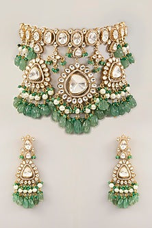 Gold Finish Kundan Polki & Emerald Beaded Choker Necklace Set