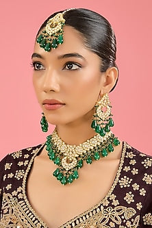 Gold Finish Kundan Polki & Emerald Bead Choker Necklace Set