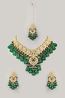 Gold Finish Kundan Polki & Emerald Bead Choker Necklace Set