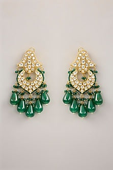 Gold Finish Kundan Polki & Emerald Bead Choker Necklace Set