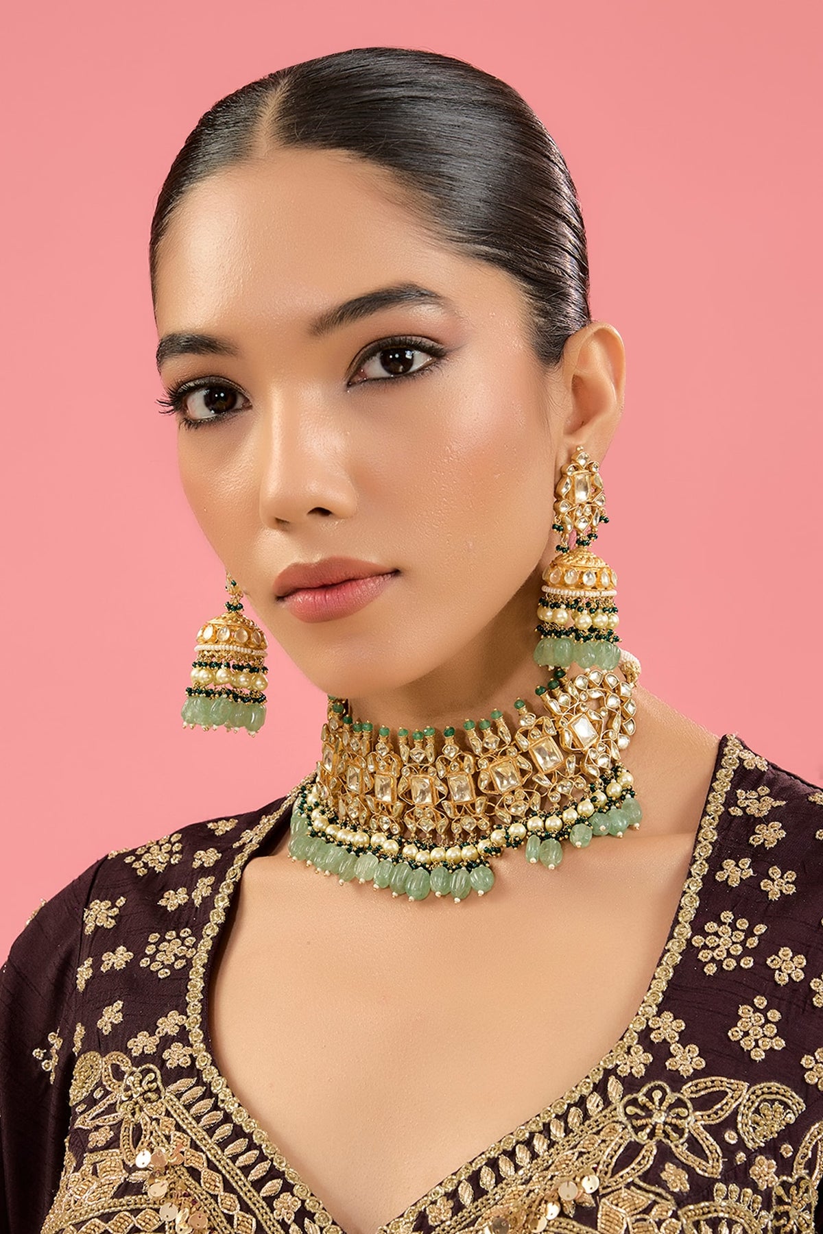 Gold Finish Pachi Kundan Polki & Emerald Bead Choker Necklace Set