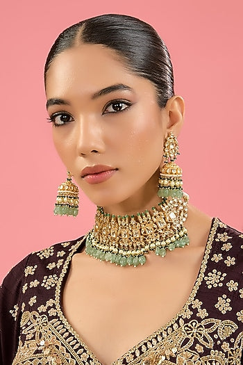 Gold Finish Pachi Kundan Polki & Emerald Bead Choker Necklace Set