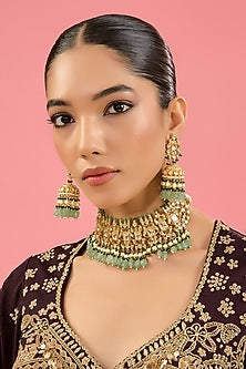Gold Finish Pachi Kundan Polki & Emerald Bead Choker Necklace Set
