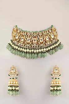Gold Finish Pachi Kundan Polki & Emerald Bead Choker Necklace Set