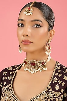 Victorian Gold Finish Kundan Polki & Pearl Choker Necklace Set