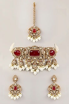 Victorian Gold Finish Kundan Polki & Pearl Choker Necklace Set