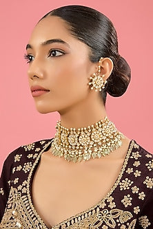 Gold Finish Pachi Kundan Polki & Fluorite Choker Necklace Set
